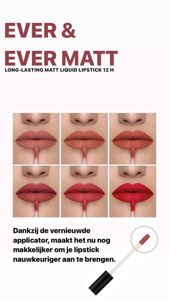 Zes kleuren Ever and Ever Matt liquid lipstick op de lippen